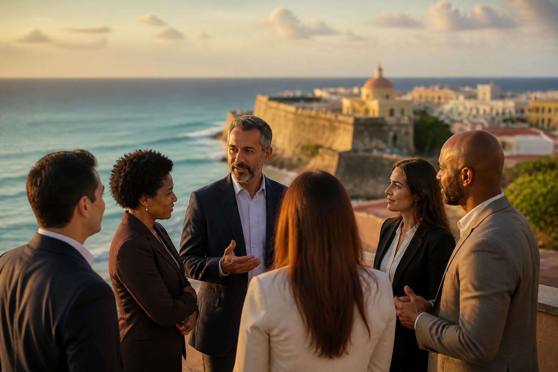 Leaders in conversation on a terrace overlooking the Puerto Rican coastline at sunset